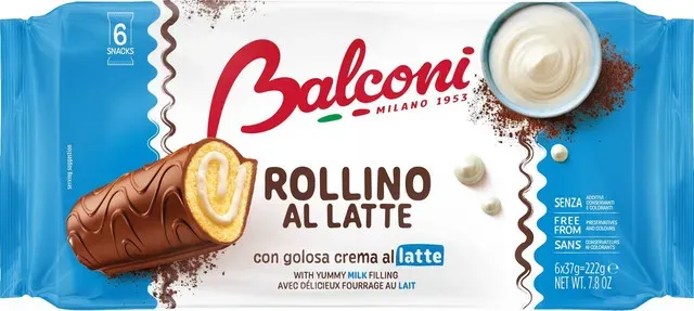 Rulada glazurata cu umplutura de lapte Balconi Rollino, 6 x 37 g