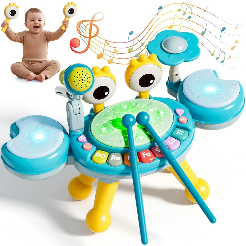 Set de tobe pentru copii LYCENXI®, 3 tobe, 1 cinel, microfon detasabil, multicolor, 1-3 ani