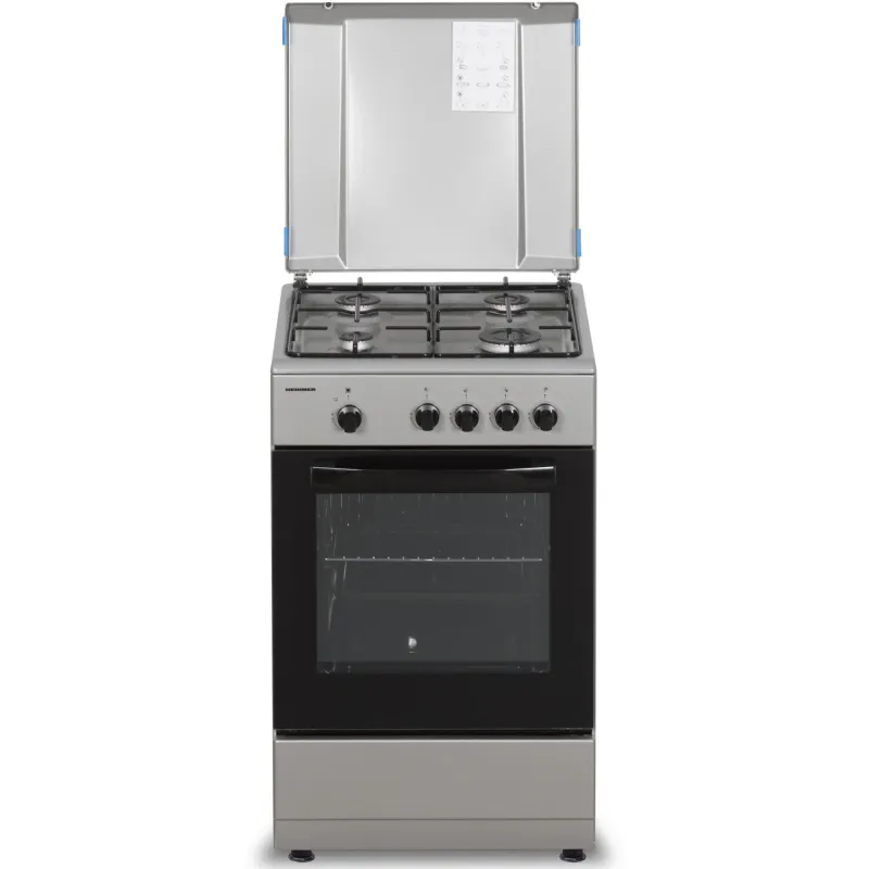 Aragaz Heinner HFSC-SME50SL, Gaz, 4 arzatoare, Dispozitiv siguranta plita si cuptor, 50 cm, Argintiu