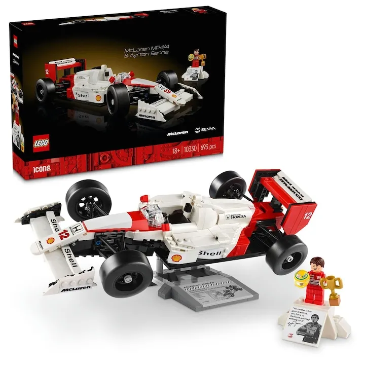 Set de constructie pentru adulti LEGO® Icons Creator Expert - McLaren MP4/4 si Ayrton Senna 10330, 693 piese, Masina de Jucarie de Colectie, Cadouri pentru Barbati Pasionati de Jocuri cu Masini si Fanii Formula 1