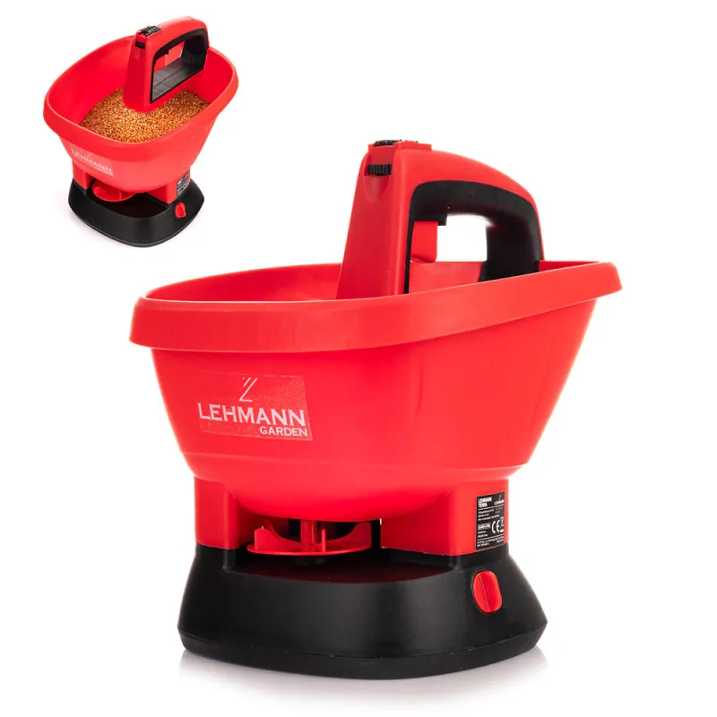Dispozitiv universal de imprastiere Lehmann 2, 7 L pentru seminte, ingrasaminte si sare, utilizare iarna/vara, 5 trepte de dozare, reglare imprastiere 0, 2–2, 7 m, 1800 RPM, 1, 2 kg, rosu