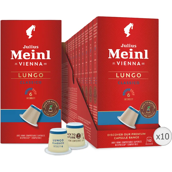 Set 10 x Cafea capsule, Julius Meinl Lungo Classico, compatibile Nespresso, 100% biodegradabile, 100 buc, 560 g