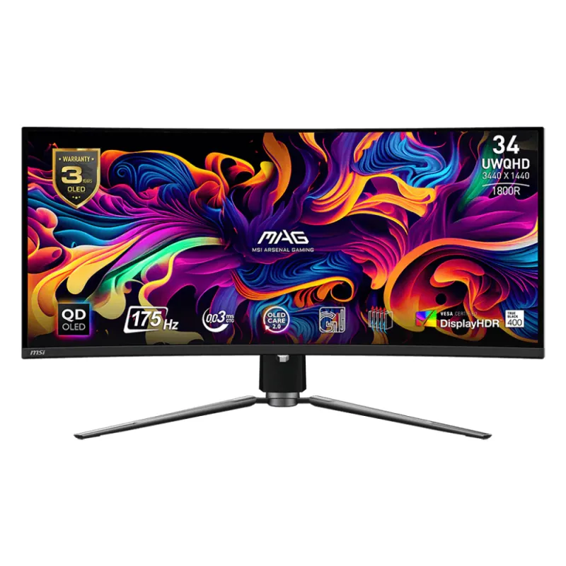 Monitor Gaming MAG 341CQP QD-OLED, 34", UWQHD (3440x1440), 1800R, 175Hz, 0.03ms (GTG), AMD FreeSync™ Premium Pro, DisplayHDR True Black 400, ClearMR 9000, Display Port 1.4a, HDMI 2.1, USB, USB Type-C (DP alt.) w/ PD 15W, Negru