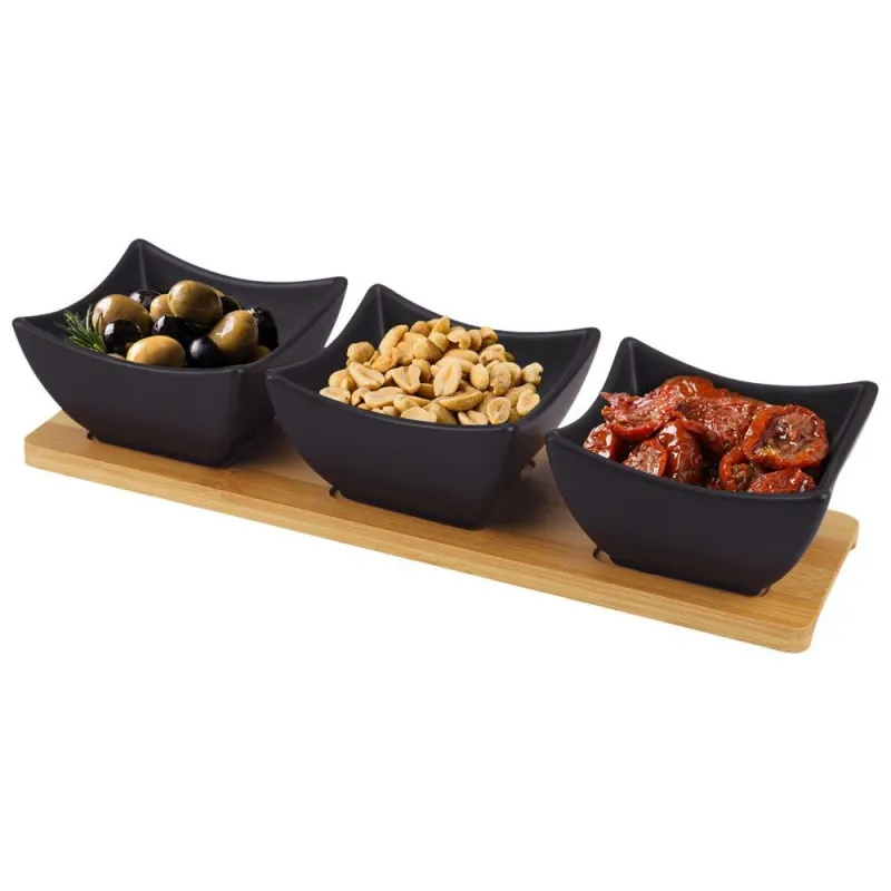 Set De Boluri Cu Tava, Orion, 3 Bucati, Negru, Portelan, Lemn De Bambus, Pentru Servirea gustarilor Si Sosurilor, Compatibil Cu Microunde, Dimensiunile Setului 31.5x10x6.5 cm