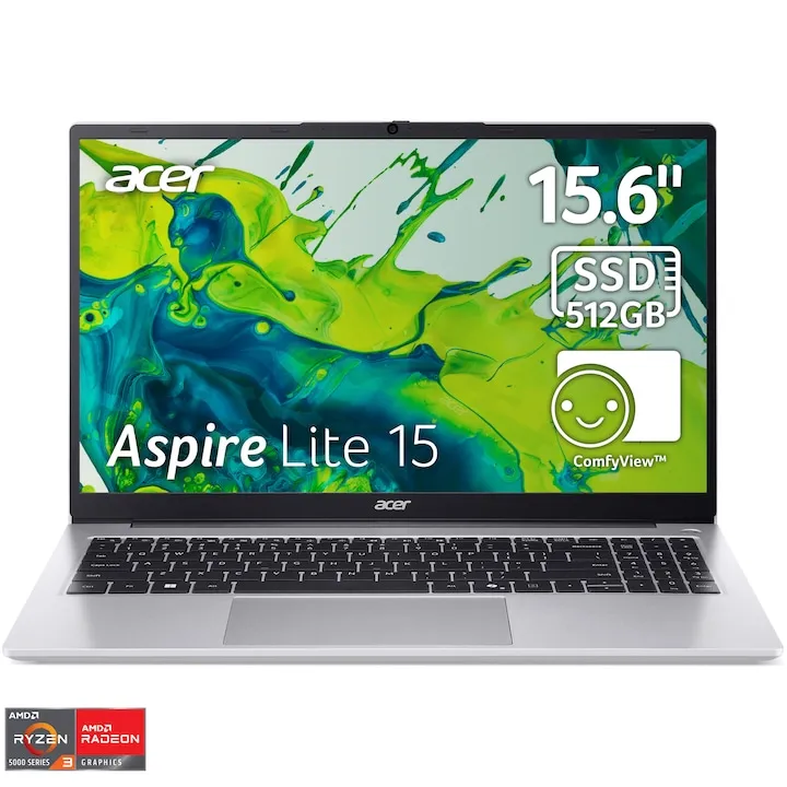 Acer Aspire Lite 15 AL15-41P-R7LQ cu procesor AMD Ryzen™ 3 5300U pana la 3.80 GHz, 15,6" , Full HD, IPS 16GB DDR4 RAM, 512GB SSD, AMD Radeon™ Graphics, No OS, Light Silver