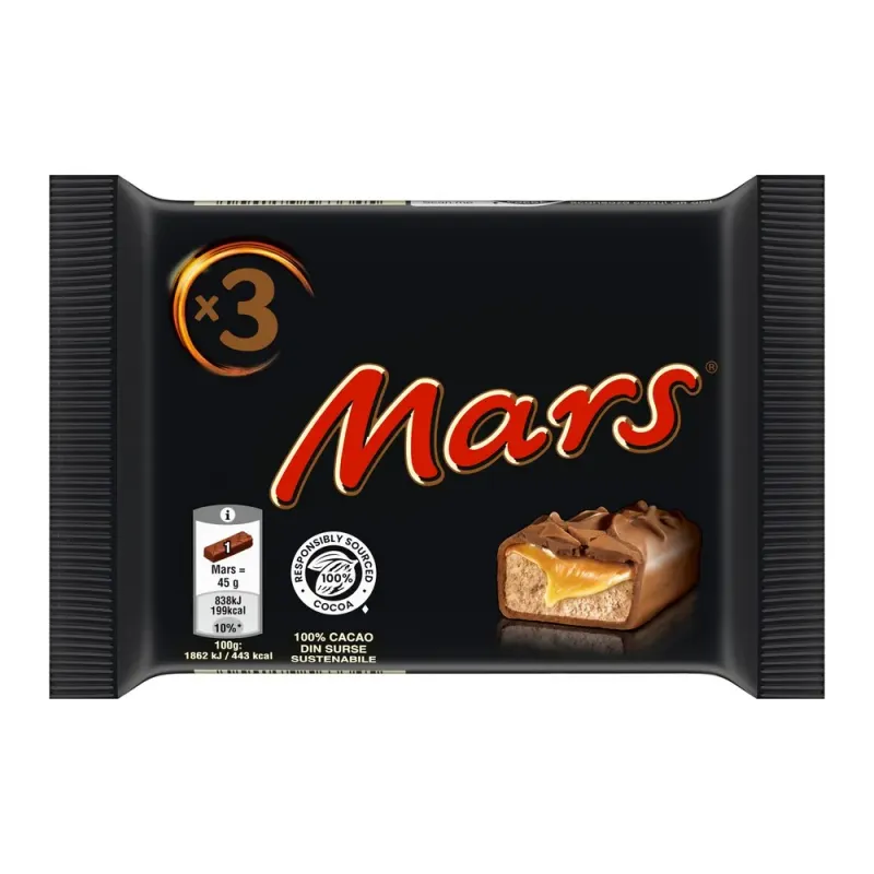 Baton ciocolata cu lapte cu miez de caramel si nuga Mars, 3 x 45 g