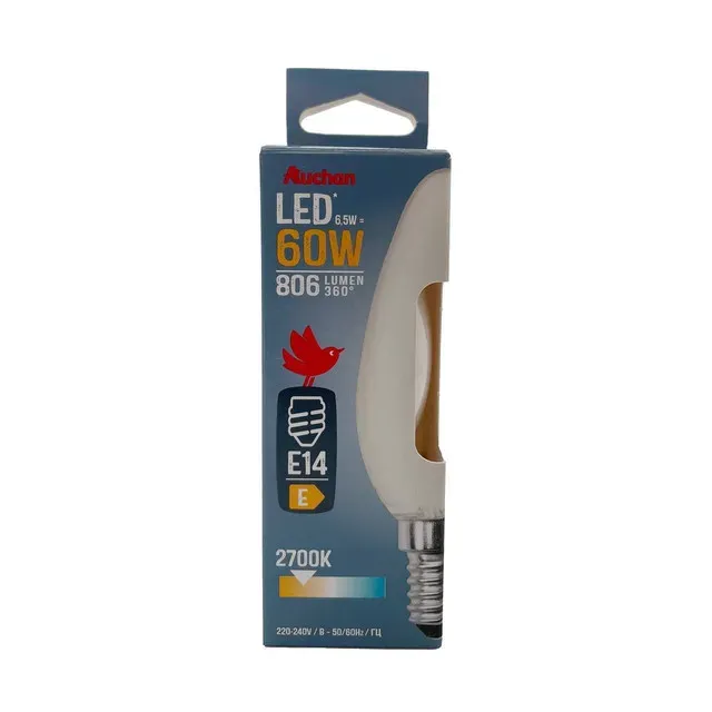 Bec LED Auchan, E14, 6.5 / 60 W, lumina calda, forma lumanare