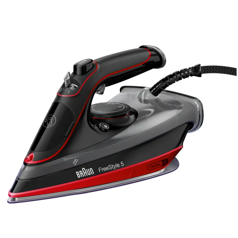Fier de calcat Braun FreeStyle 5 SI5057RD, 2700W, jet de abur 220g/min, abur variabil 0-50 g/min, talpa SuperCeramic, rezervor 300 ml, tehnologie FreeGlide, oprire automata, sistem antipicurare, negru/rosu