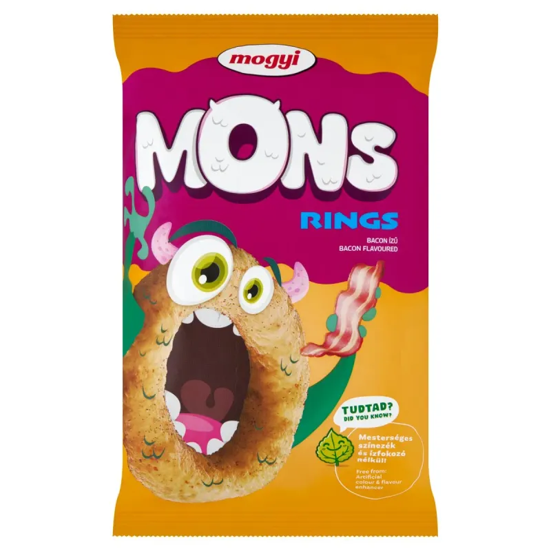 Pufuleti din porumb inele cu aroma de bacon Mogyi MONS Rings, 70 g