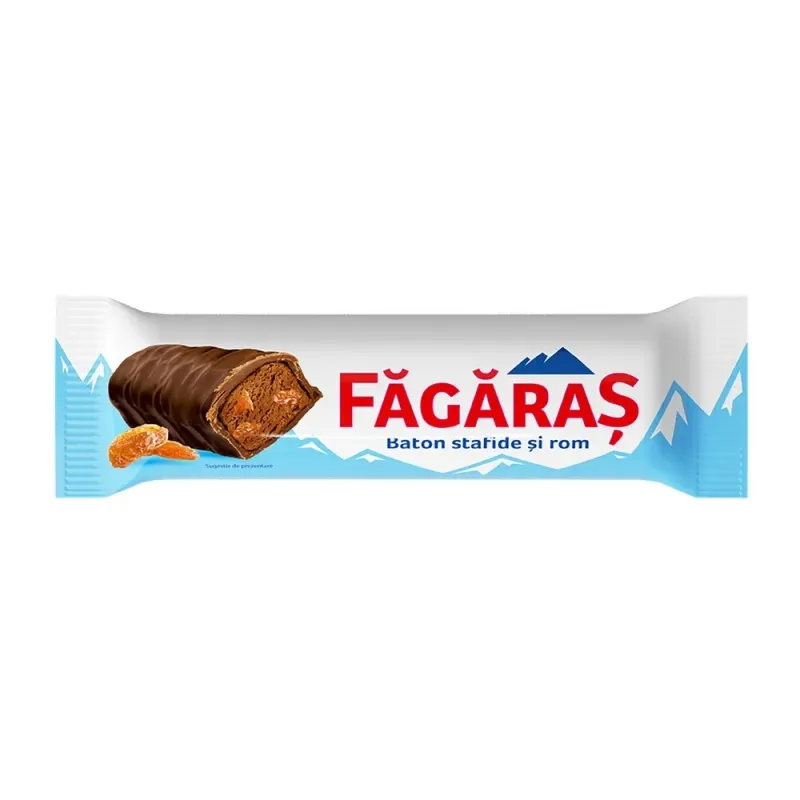 Baton de ciocolata Fagaras, cu stafide si aroma de rom, 30 g