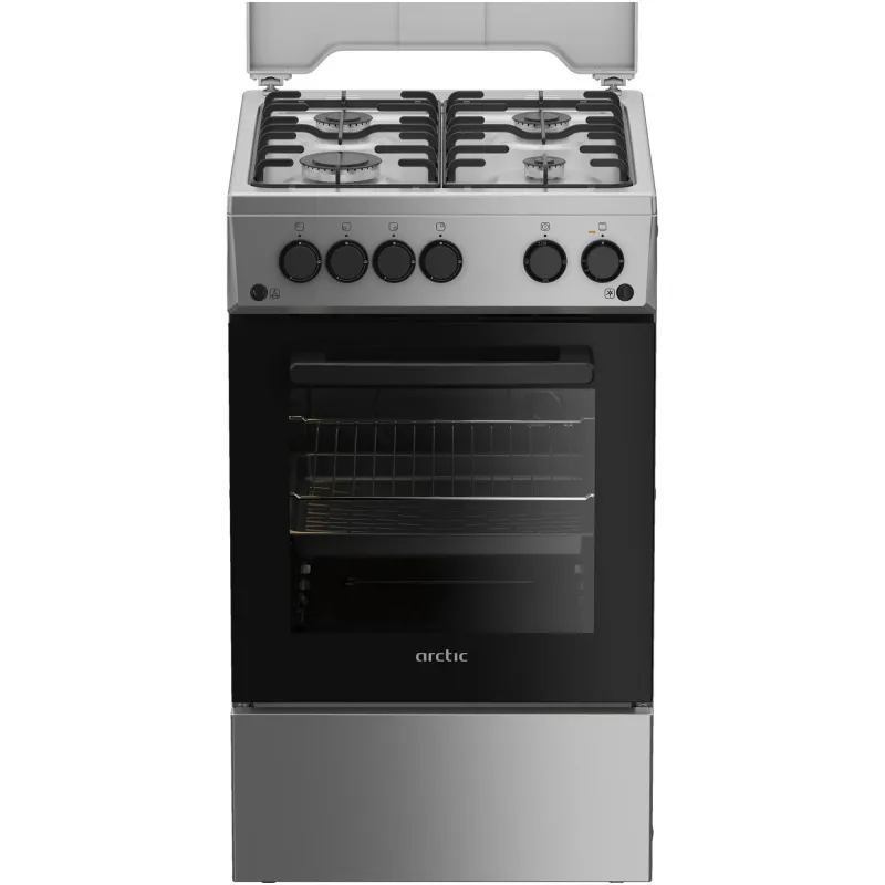 Aragaz Arctic AGG5611DTTLXN, Gaz, 4 arzatoare, Aprindere electrica plita/cuptor, Safety Plus, Grill, Rotisor, Timer, Arzatoare cu eficienta ridicata, 50 cm, Inox