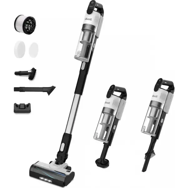 Aspirator vertical Levoit LVAC 200 HEAPVCLVNEU0014Y, Autonomie 50 minute, Recipient 0.75 l, 22.2 V, Filtrare in 5 trepte, 82 dB (Alb/Negru)