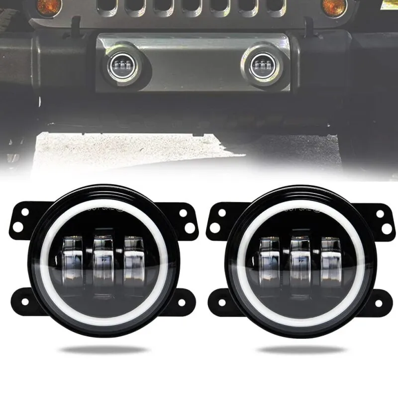 Set 2 proiectoare ceata LED, DRL, cu lumini de zi si semnalizare Angel Eyes, 3200lm, lumina alba rece / galbena, mufa H11, Plug and Play, IP65 rezistent la apa, Material rezistent, montaj simplu, AjieQaQ, Negru