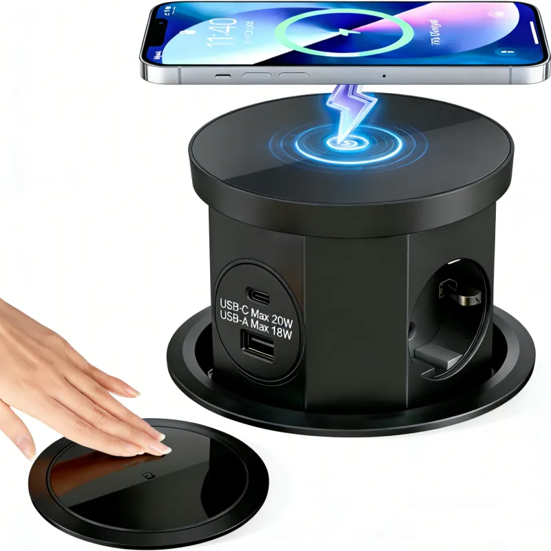 Priza Incastrabila 5 in 1, MOSMAOO®, 3 Prize, 1 Port USB-A, 1 Port USB-C, Incarcare Wireless 15W, Sistem Pop-Up, Design Modern pentru Bucatarie, Birou si Spatii Comerciale, Negru Mat