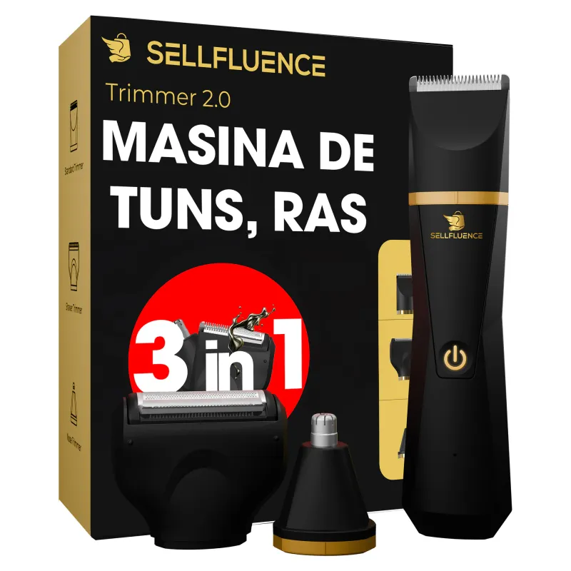 Masina de tuns si aparat de ras, Sellfluence Trimmer 2.0, multifunctional 3 in 1, de tuns, ras, nazal si conturare, pentru corp, inghinal, barba, nas, USB Type C, rezistent la apa, 7000 rpm