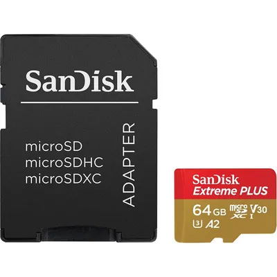 Card de memorie SANDISK Extreme Plus microSDXC UHS-I, 64GB, 200MB/s, C10, U3, V30, A2, adaptor