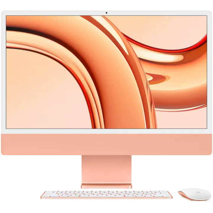Sistem Desktop PC iMac 24" cu procesor Apple M3, 8 nuclee CPU si 10 nuclee GPU, 24", Retina 4.5K, 16GB, 256GB SSD, Orange, INT KB