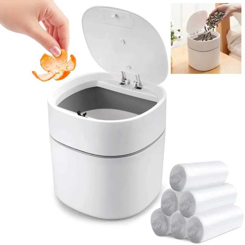 Cos de gunoi mini, Din plastic, Capacitate 2L, cu Capac Anti-Miros si o Deschidere/Inchidere Silentioasa, Pentru birou, Dormitor, Camera, 13x14cm, cu 6 x Set Saci menajeri, 30 buc/rola, Alb