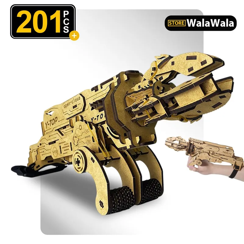 Puzzle 3D Mecanic din lemn, Gheara Mecanica Purtabila, 201 piese, design ingenios si interactiv, activitate STEM educativa pentru dezvoltarea abilitatilor, cadou creativ si distractiv pentru baieti, ideal pentru Craciun, zi de nastere si Ziua Copilului