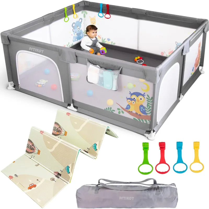 Tarc de Joaca pentru Bebelusi si Copii Pitikot® + Salteluta Pliabila 180x150 cm, Spatiul Sigur de Joaca, Inele de Sustinere, Plasa de Protectie, Include Usa cu Fermoar, Geanta de Transport, Varsta 0-5 ani, Gri