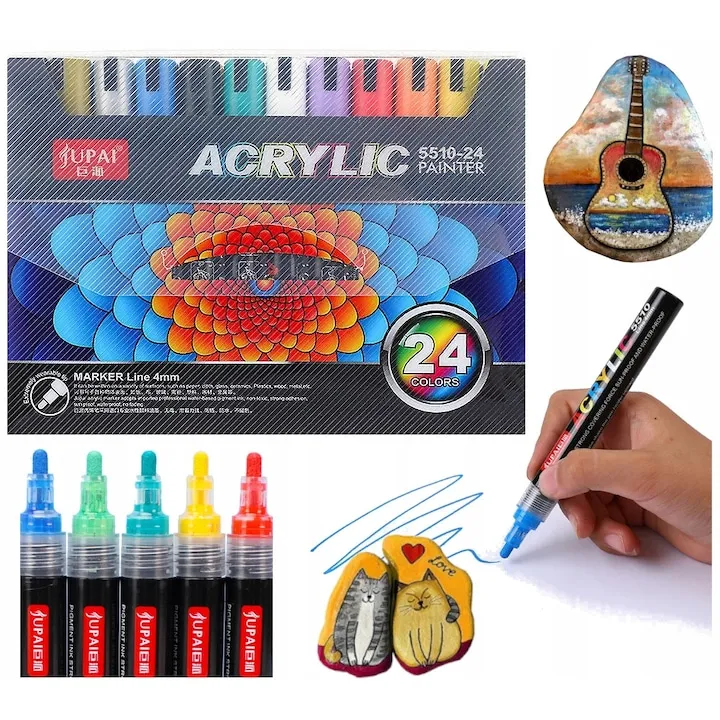 Set 24 Markere cu vopsea Acrilica JUPAI®, Varf de 4 mm, pentru Sticla, Ceramica, Pietre, Lemn, Plastic, Hartie, Panza, Multicolor