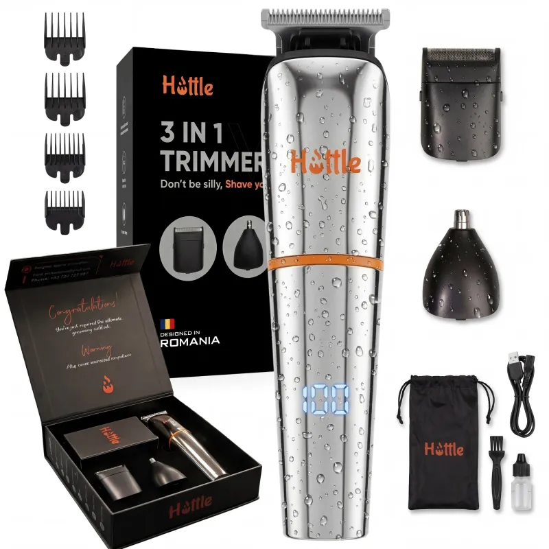 Masina de Tuns si Aparat de Tuns HOTTLE™ Profesional 3 in 1, Trimmer V1, Waterproof IP66, Lame Auto-Ascutite, Afisaj LCD, Pentru Par, Barba, Nas, Corp, Design Ergonomic, Baterie 1000 mAh, Multifunctional