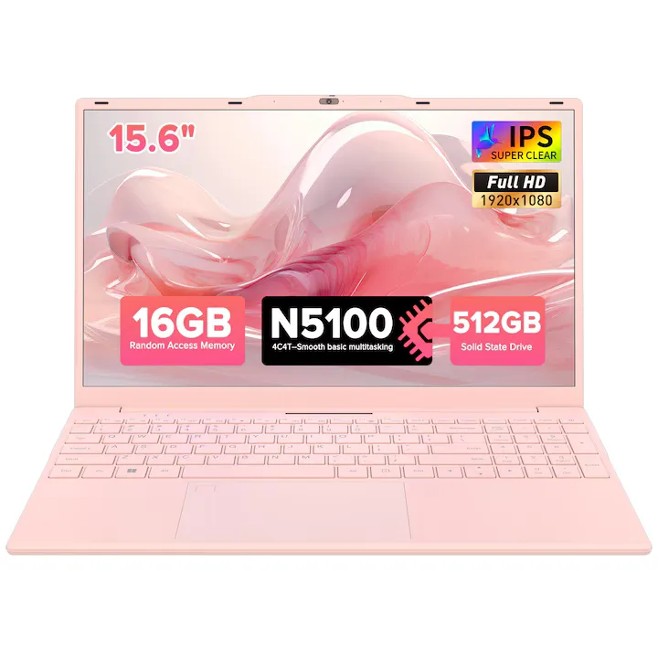 Auusda cu procesor Intel Alder Celeon N5100,4C/4T, 16GB, 512Go SSD, 15 "6" FHD, Windows 11, Intel UHD Graphics, Roz