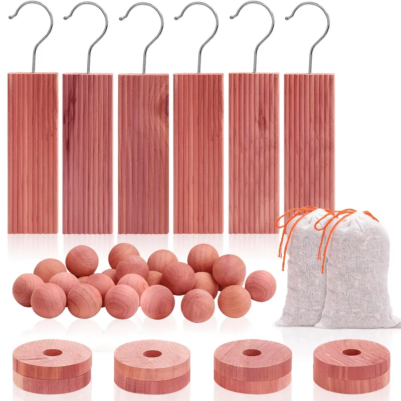 Set de produse din cedru pentru depozitare, MWAOWM, 6 umerase, 24 bile, 2 saculeti, 8 inele, aroma proaspata