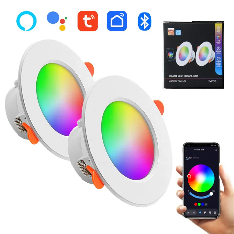 Set 2 Spot RGB+CCT cu Led Inteligent Incastrat, 10W, Tuya, control vocal si prin aplicatie, compatibile cu Amazon Alexa si Google Assistant, durata de viata 50.000 ore, lumina calda si rece, luminozitate reglabila, functie programabila, Alb