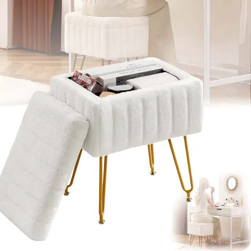 Taburet cu spatiu de depozitare, otoman, taburet pentru sufragerie, aspect elegant, design minimalist, max 128 kg, 40 x 30 x 49.4 cm, alb