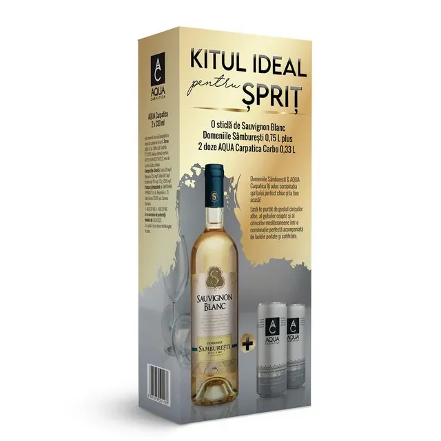 Pachet vin alb sec Domeniile Samburesti Sauvignon Blanc, 0.75 l + apa carbogazoasa Aqua Carpatica, 2 x 0.33 l