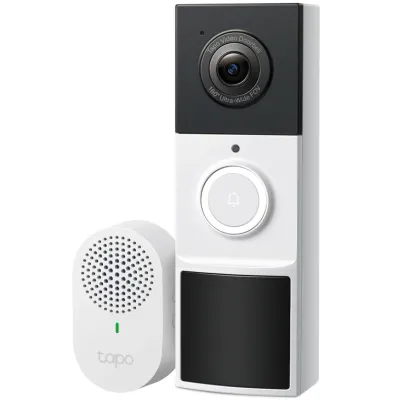 Camera de supraveghere wireless cu sonerie TP-Link Tapo D210, 2K 3MP, unghi de vizualizare larg 160°, detectare inteligenta de persoane, baterie reincarcabila 6400mAh, suporta panou solar Tapo, Two-Way Audio, IP65