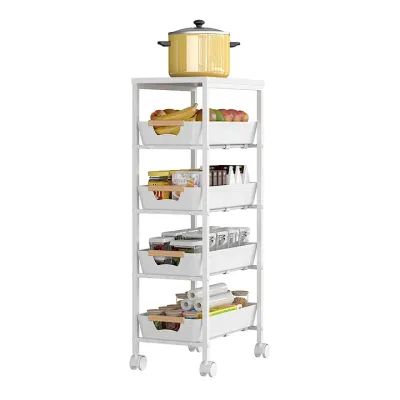 Organizator slim portabil cu 5 nivele, 4 rafturi retractabile si 1 polita din MDF, rotativ 360°, 38 (L) x 23.5 (l) x 81.5 (H) cm, alb