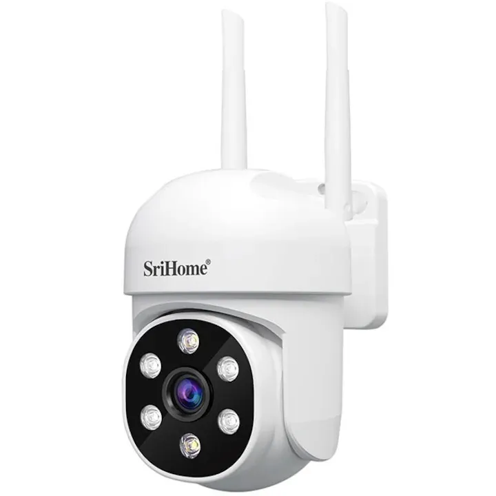 Camera de supraveghere Wireless Sricam SH061 Plus SriHome, Exterior/Interior, Smart, IP WiFi 2.4Ghz, Rotativa, Conectare Telefon / PC, Night Vision Color si Infrarosu, Alarma, Auto Tracking, Rezistenta la Apa, Alb
