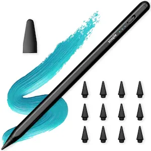 Stylus pen, Zoopie®, pencil pentru tableta iPad Apple 2018-2025, profesional, capacitiv, penite anti-zgarieturi, pix cu functie palm rejection, tilt, fara lag, fast charge, magnetic, aluminiu, USB-C, negru