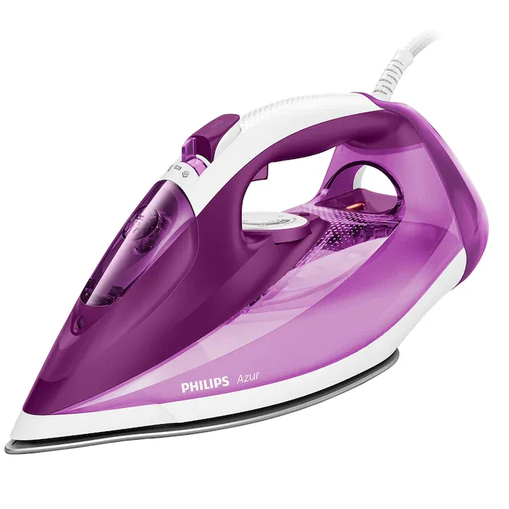 Fier de calcat Philips Azur GC4543/30, Talpa SteamGlide Plus, 210 g, putere 2500 W, 210 g/min, Quick Calc Release, Alb/Mov