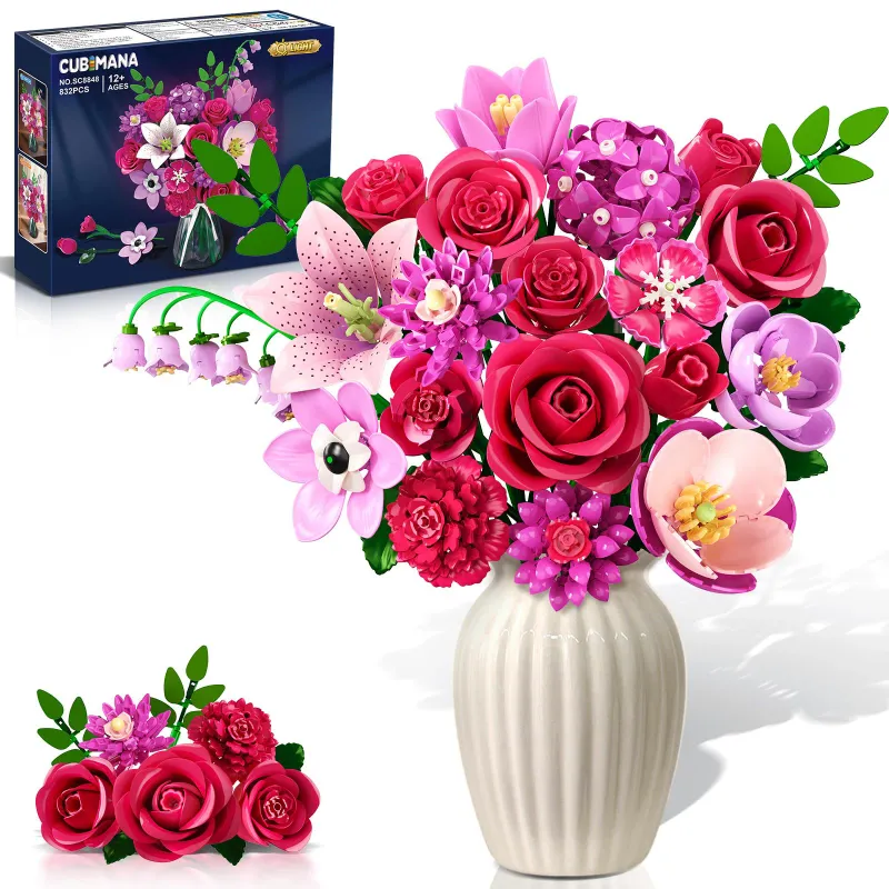 Set de Constructie Buchet de Flori cu Lumina, 21 de Flori Rosu-Trandafiriu, Colectie Botanica, 832 Piese, Decor pentru Casa, Cadou pentru Adulti, Femei si Copii de 12+ Ani