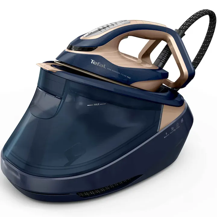 Statie de calcat cu boiler de inalta presiune Tefal Pro Express Vision Max GV9910E0, 3000W, 9 bari, jet de abur 820 g/min, abur variabil 0–215 g/min, abur vertical, iluminare LED, talpa Microsteam 400 HD, 5 setari, oprire automata, albastru & bej