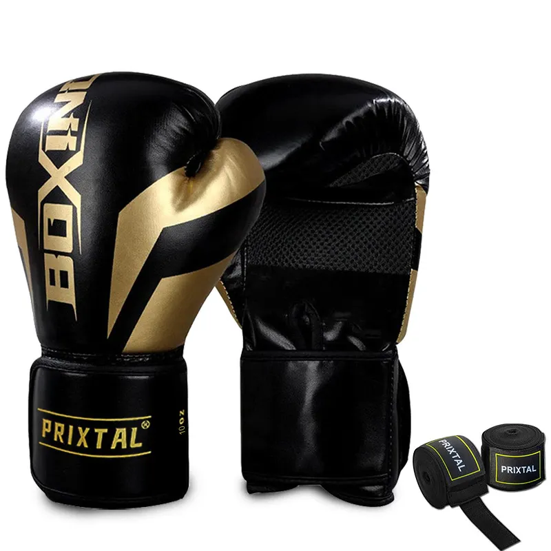 Manusi de Box, 10 OZ, set 2 Protectii incheietura, absorbant de transpiratie si respirabil, Rezistent la abraziune, Piele PU/Captuseala din latex, Usor de pus si de curatat, design ergonomic, Kick-boxing, Absoarbe socul loviturilor, aur negru