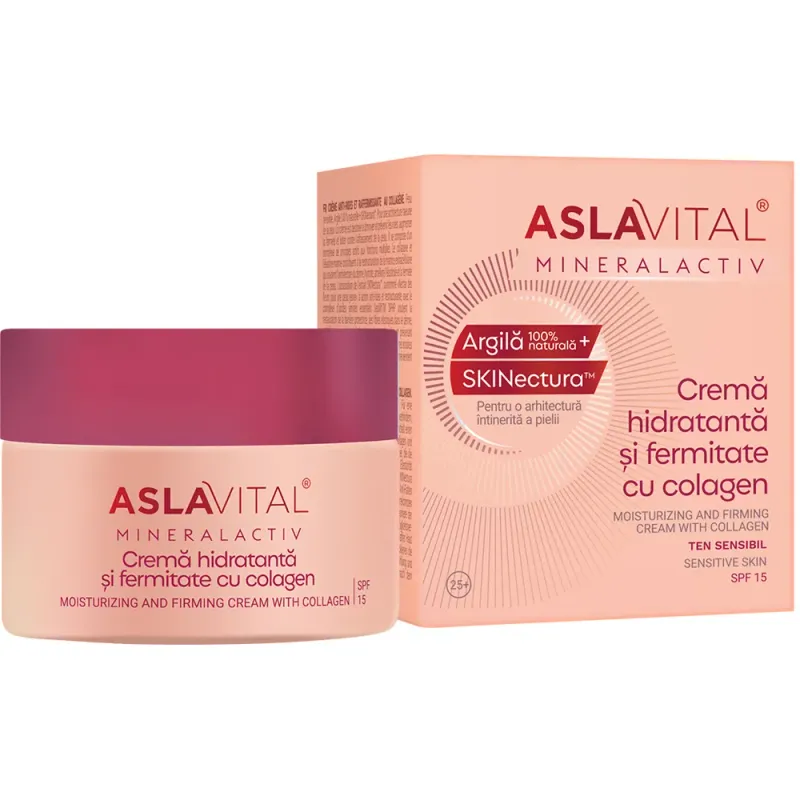 Crema hidratanta si fermitate cu colagen pentru ten sensibil Aslavital Mineralactiv SPF 15, 50 ml