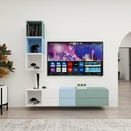 Biblioteca living M&M 1, turcoaz + albastru + alb, 200 cm, 7C