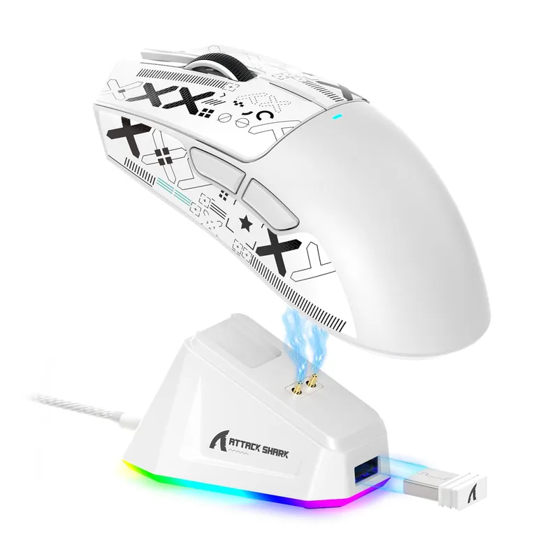 Mouse de gaming wireless ATTACK SHARK® X11 usor cu statie de incarcare RGB, cablu Tri-Mode-2.4G/USB-C/BT, 22K DPI, senzor optic PAW3311, comutator HUYU, 5 butoane programabile pentru PC/Mac (alb)