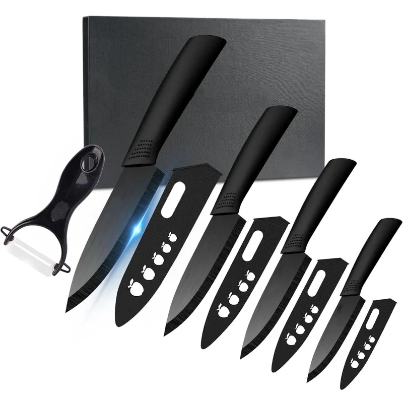 Set 5 de cutite pentru bucatarie, ZGGZERG, Set cutite de bucatarie din ceramica, 4 cutite de bucatarie si 1 cutit de decojit, 13-27.2cm, Cu cutie depozitare Inclusa, Rezistent la rugina, Maner inghetat, Design colt rotunjit, Zirconiu/ABS, Negru