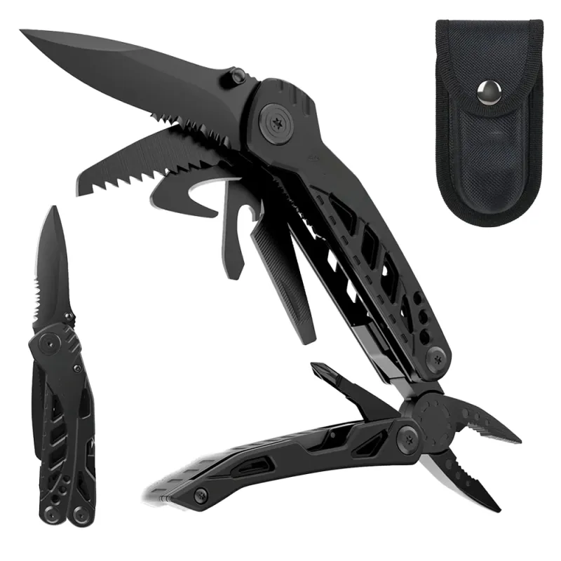 Cleste multifunctional 13 in 1, IMOUNTOP, cu lama mare de 3 inch, design cu blocare de siguranta, cleste cu arc, teaca durabila din nylon, negru