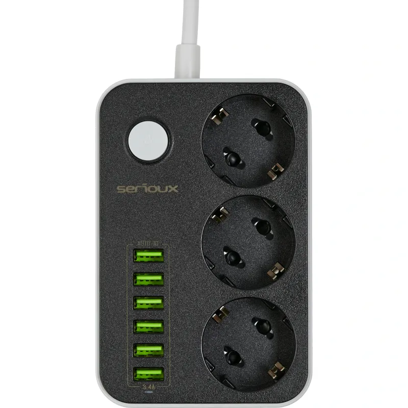 Prelungitor cu protectie Serioux SRXP-PS36B, 3 x schuko, tensiune intrare: 100-240V, 2500 W – 10A 6 porturi USB (auto max): 15.5W USB-C2/C3/A1/A2/A3 - 12W USB-C1-20W, 3.4 A, functie auto ID Antistatic Buton on/off Lungime cablu alimentare: 1.6 m