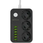 Prelungitor cu protectie Serioux SRXP-PS36B, 3 x schuko, tensiune intrare: 100-240V, 2500 W – 10A 6 porturi USB (auto max): 15.5W USB-C2/C3/A1/A2/A3 - 12W USB-C1-20W, 3.4 A, functie auto ID Antistatic Buton on/off Lungime cablu alimentare: 1.6 m