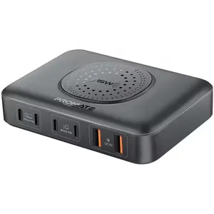 Statie incarcare wireless PROMATE PowerBase-GaN100, 4xUSB-C Power Delivery 30W-100W, 2xUSB-A Quick Charge 30W, Wireless 15W, negru