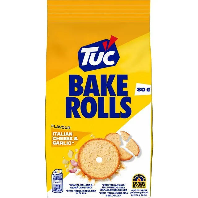 Rondele de paine crocanta cu aroma de branza italiana si usturoi Tuc Bake Rolls, 80 g