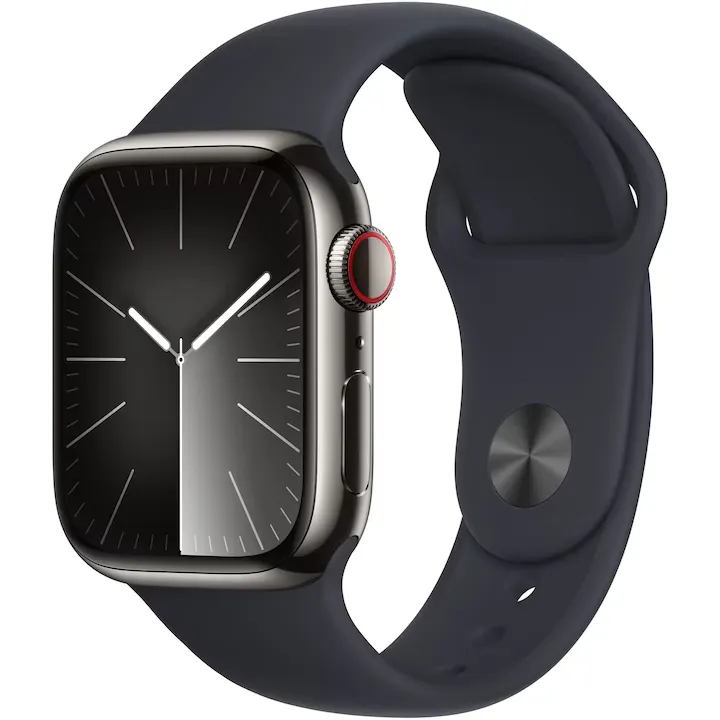 Apple Watch 9, GPS, Cellular, Carcasa Graphite Stainless Steel 41mm, Midnight Sport Band - S/M