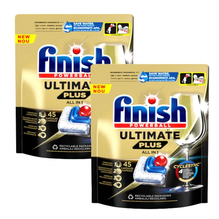 Pachet Detergent capsule pentru masina de spalat vase Finish Ultimate Plus, 2x45 buc, 90 spalari
